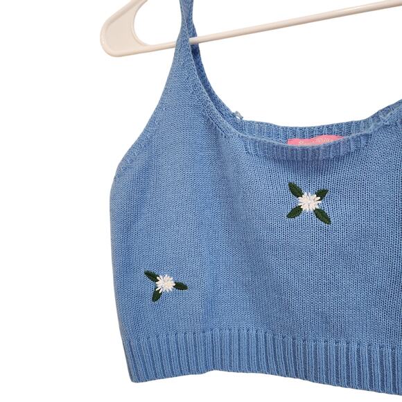 Sugar Thrillz Embroidered Cropped Knit Top Sleeveless Scoop Neck Blue Size Large - Picture 9 of 9